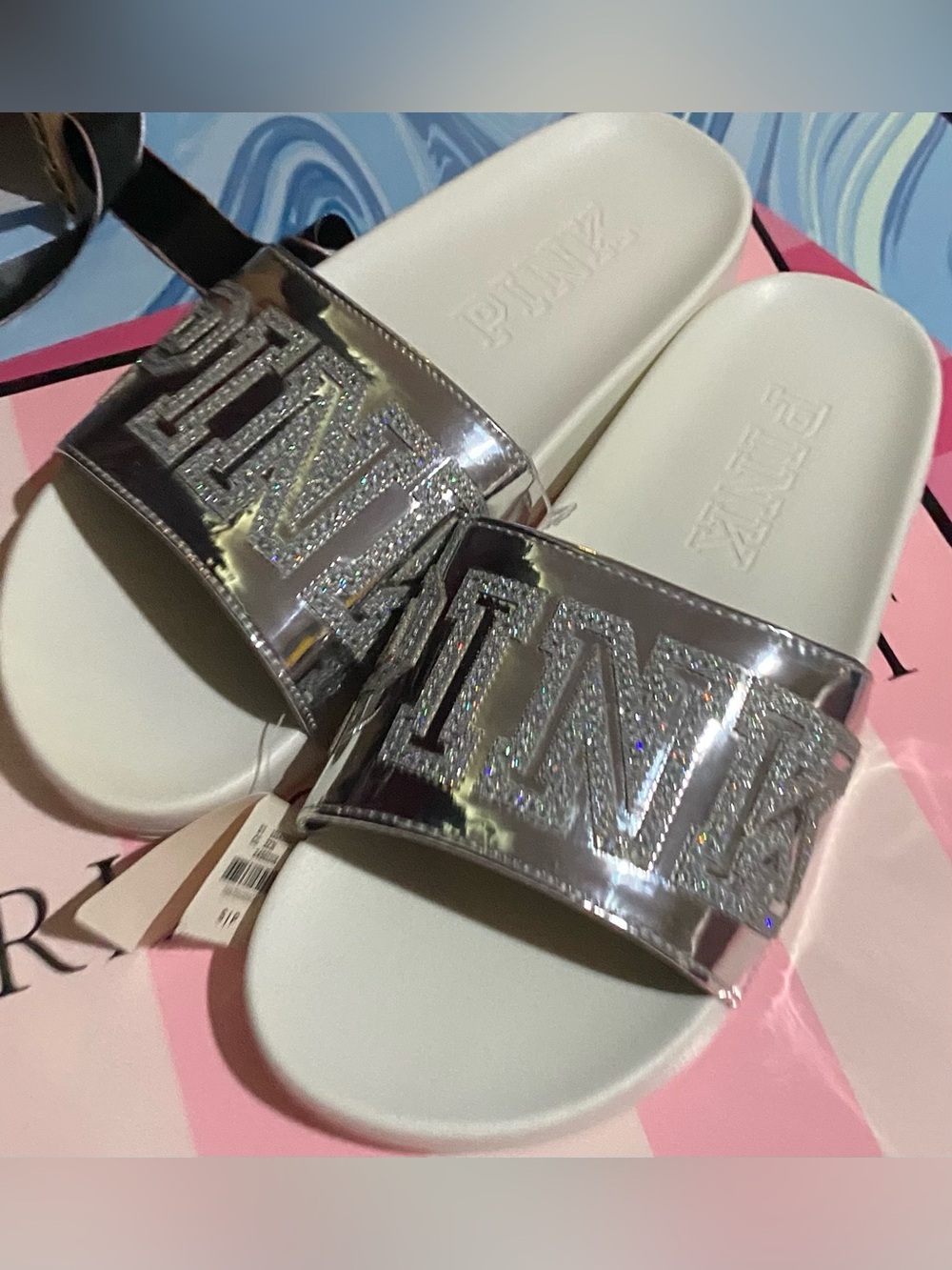 New rare Victoria’s Secret PINK slides flip flops pink sandals holo silver bling